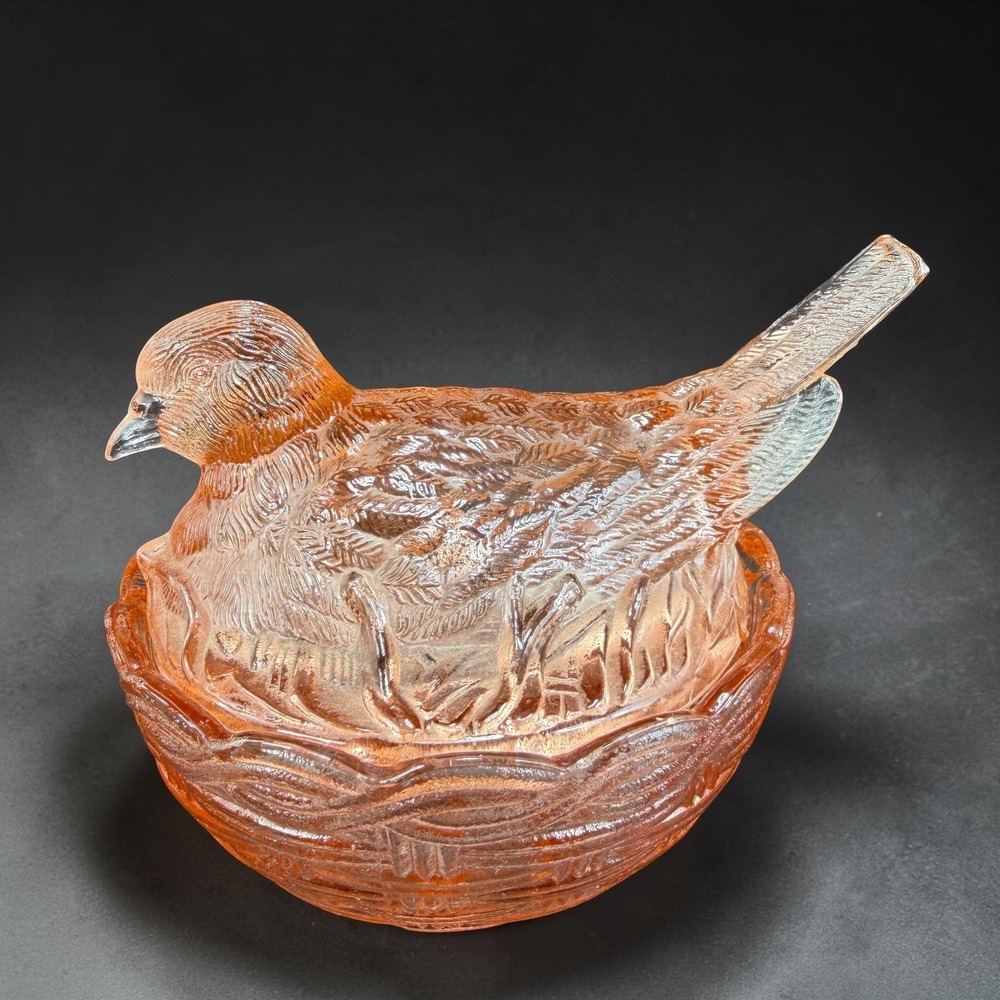 Heisey Hsinchu Glass Pink Bird on Nest Trinket Dish Basketweave 4x6 Vintage - Picture 15 of 15